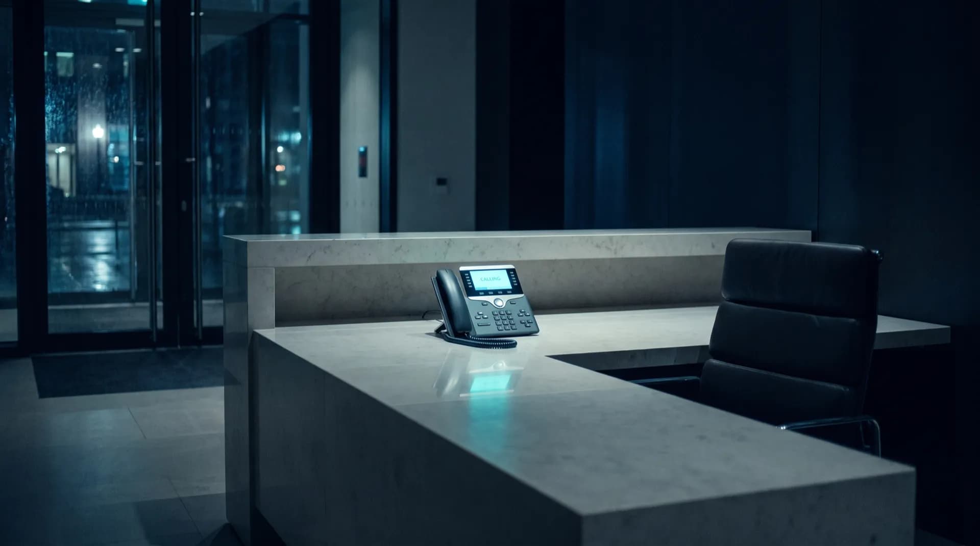 An empty reception desk at night with the phone ringing unanswered