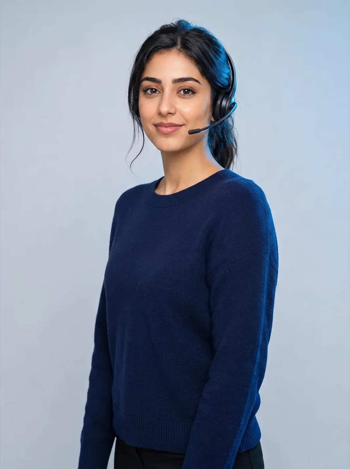 Maya, the Genyios AI receptionist, wearing a headset